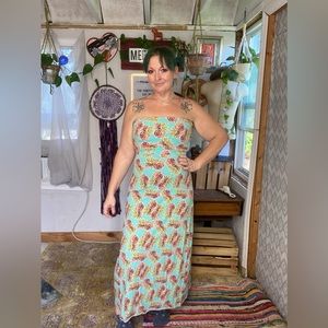 All for Color Pineapple Print Strapless Tropical travel Maxi Dress Size Medium